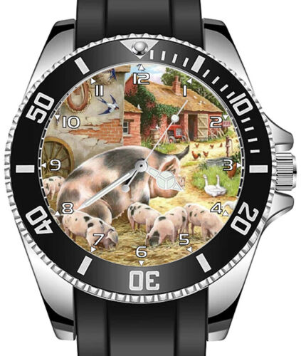 Świnia Farma Wiejska scena Sztuka Unikalny sportowy zegarek unisex - Zdjęcie 1 z 1