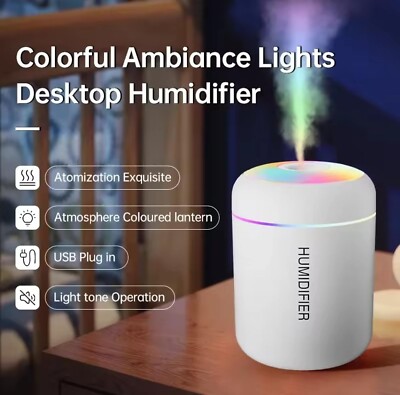 USB Mini Air Humidifier & Essential Oil Diffuser   180ml, Quiet Mist, LED Light