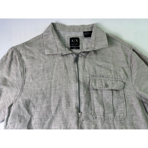 Armani Exchange, Armani Exchange Men's Medium Gray Linen Blend Quarter Zip Minimalist Polo Shirt