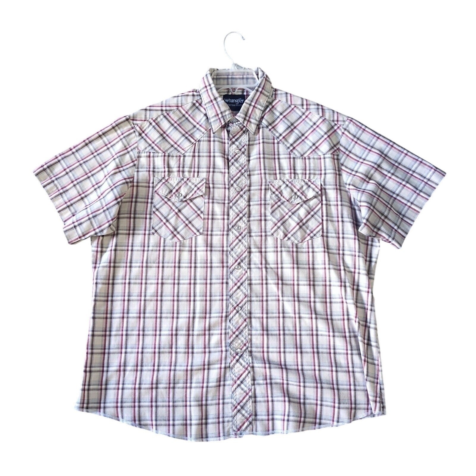 Wrangler Western Pearl Snap Shirt Men's XL Tan Brown Plaid Short Sleeve Cowboy
