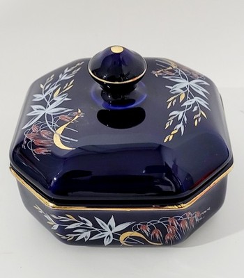 VTG OCTAGONAL PORCELAIN TRINKET KEEPSAKE BOX COBALT BLUE VERITABLE BLEU DE FOUR