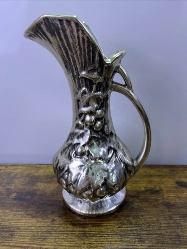 Nelson McCoy Mid-Century Silver Antiqua Art Pottery Vase Pitcher Grape Vines VTG