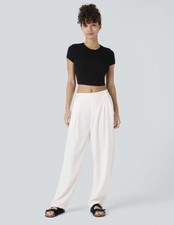 NWT Halara Mid Rise Pocket Barrel Leg Work Pants Casual Pleated Pull On White S