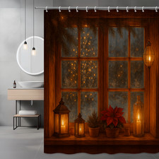 Christmas Shower Curtain with Winter Scene and Poinsettias