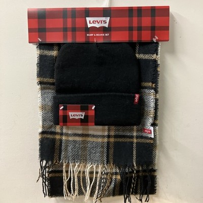 Levi's Scarf & Beanie Set Outdoor Black Olive Gift Set Plaid Retail $50 New G57