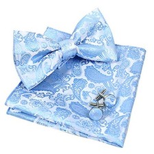 Mens Paisley Bow Tie, Pocket Square, Cufflinks Set Light Blue-1