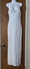 B. Smart Sequin Formal Dress White Iridescent Maxi Gown Slit Size 9/10 NWT Prom