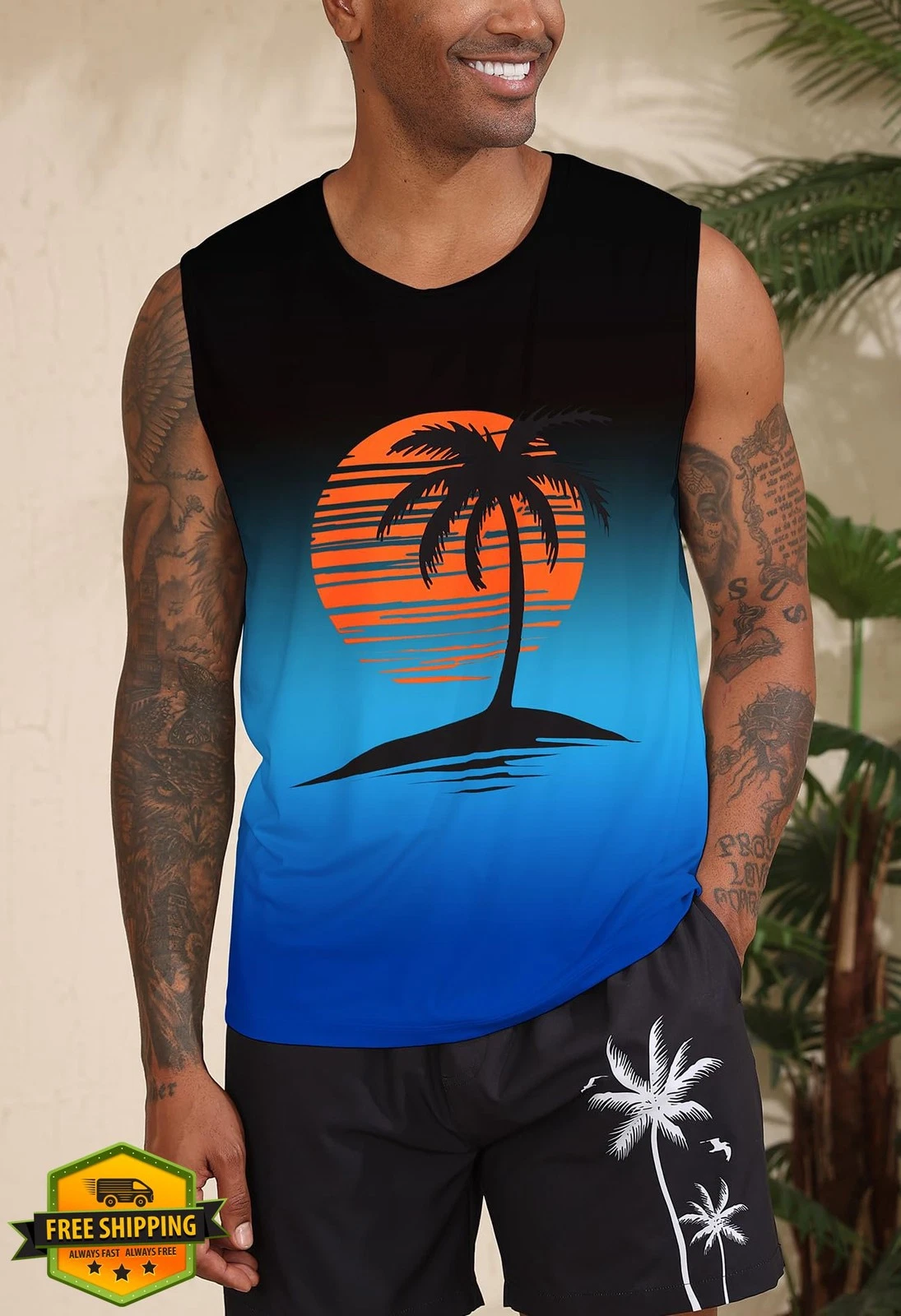 Indoner Men's Tank Top, UPF 50+, Quick Dry Gym Shirt, Palm Tree