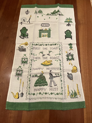 Vintage Tea Towel  First The Toast Then The Roast ..   God Bless Our Home  Linen