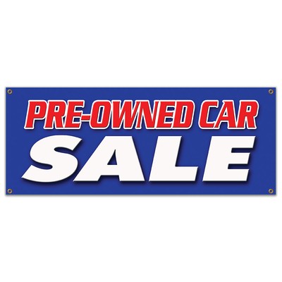 PRE-OWNED CAR SALE BANNER SIGN used auto automobile buy here we finance