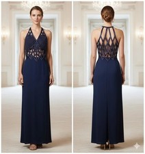 Vintage 90s Navy Blue Gown Beaded Halter Caged Back Prom Dress Glam Size 14