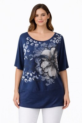 Agenda Blouse Top Large Blue Beaded Floral Cheetah Print Whimsy Artsy Bohemian
