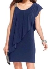 Betsy  Adam Navy Blue Gold Metal Mesh Ruffle One Shoulder Sheath Dress 12P