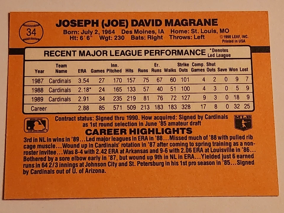 1990 Donruss Learning Series Joe Magrane # 34 - Image 2 of 2