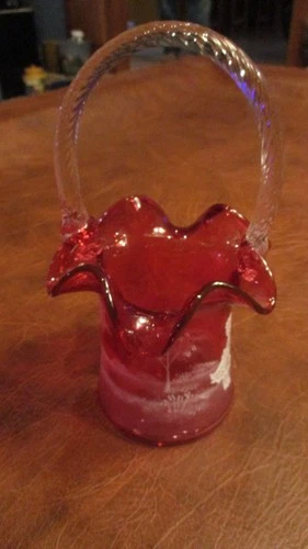 Fenton Ltd Ed. Cranberry Mary Gregory 9" Ruffled Basket Girl with Birds