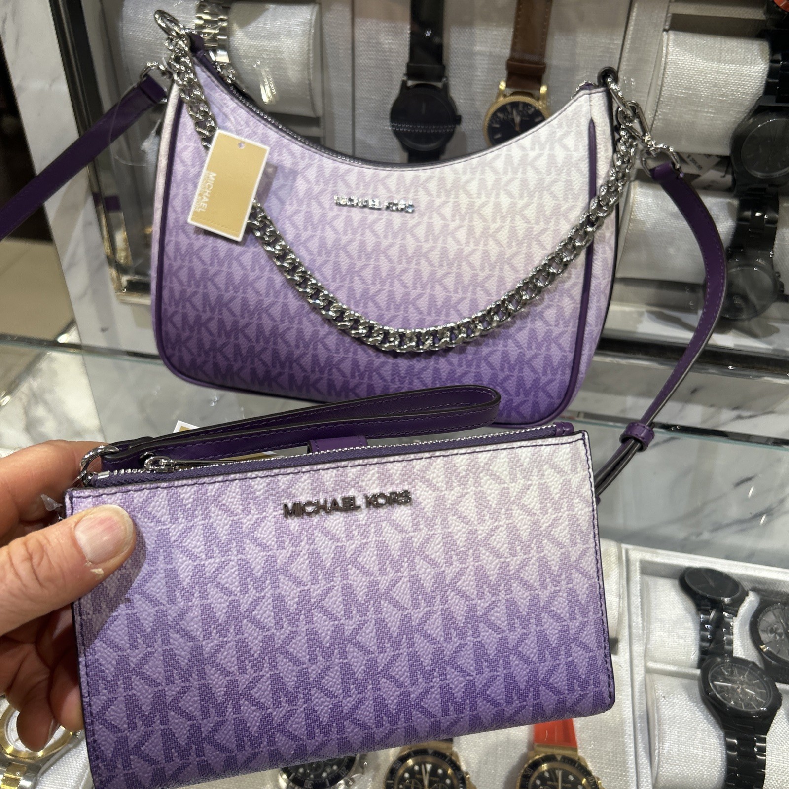 Michael Kors Large Women Pochette Ombré Logo Crossbody Bag Dark Purple + Wallet thumbnail 8