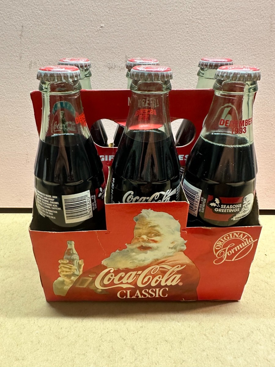 Vintage 1993 Coca-Cola Christmas 8oz Glass Santa Bottles Six Pack