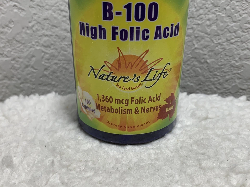 Nature's Life B-100, ácido fólico alto, 1360 mcg ácido fólico, metabolismo y nervios Foto 3 de 4