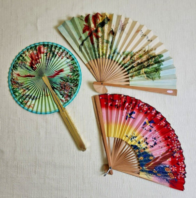 3 Vintage Unbranded Asian Inspired Handheld or Decorative Fans, Birds, Nature