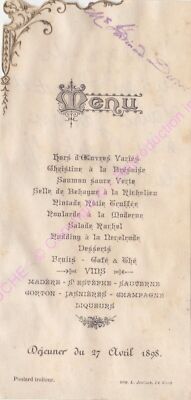 Menu Poulard Gastronomie Frühstück 27 April 1898 Hochzeit Duret Berengo
