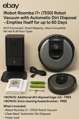 Roomba i7 Plus 7550 Wi-Fi Connected Robotic Vacuum Automatic Dirt Disposal Black
