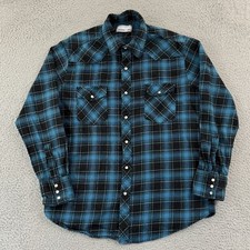 Wrangler Wrancher Shirt Men's Large Blue Plaid Pearl Snap Western Long Sleeve