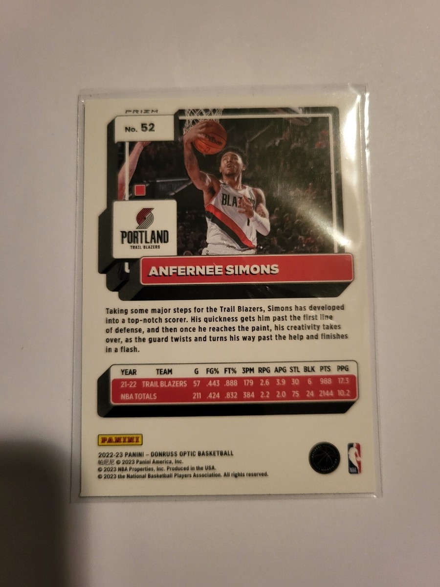 2022-23 Panini Donruss Optic Anfernee Simons #52 Purple