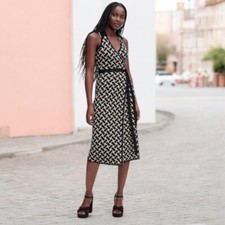 DVF Women's Collared Sleeveless Weave Neutral Sweaterknit Midi Wrap Dress