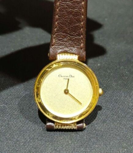 Christian Dior Quartz Women's Gold Dial Round Analog Swiss Watch Logo Leather - Afbeelding 1 van 5
