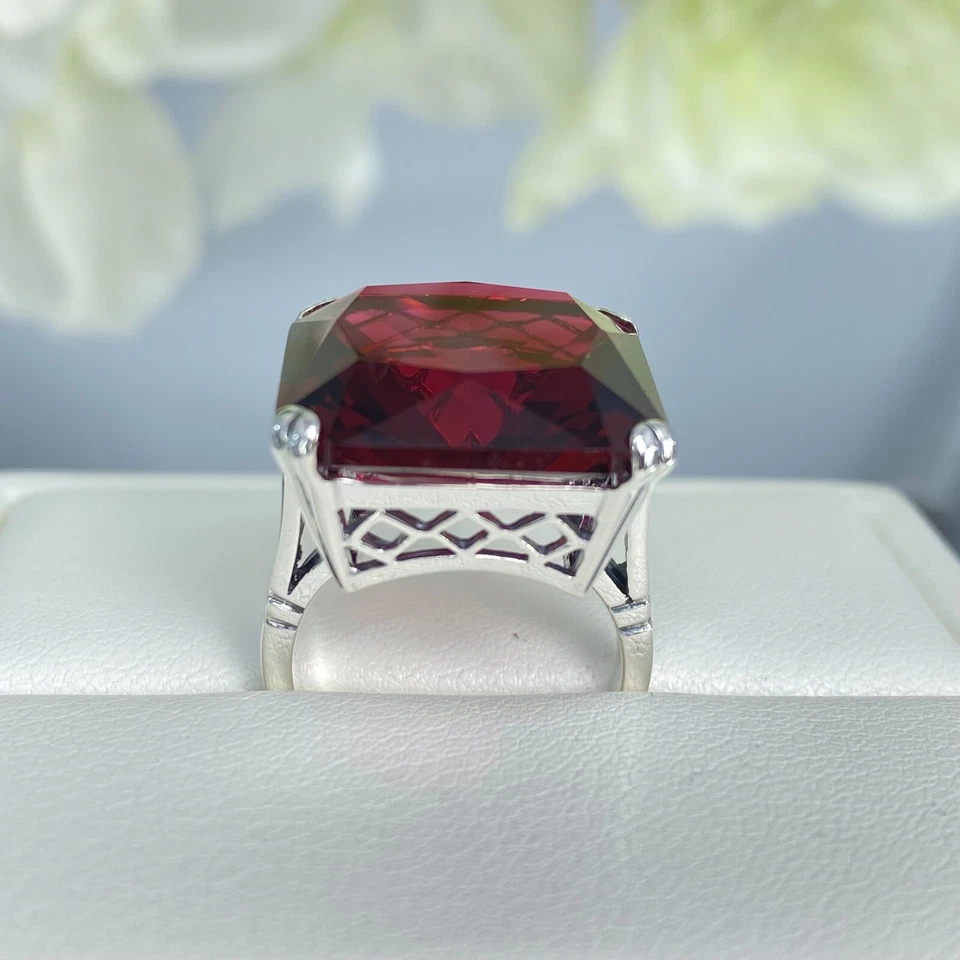 Ruby Ring, 20ct Huge Simulated Gem, Sterling Silver Vintage Filigree, D1 - Image 4 of 4