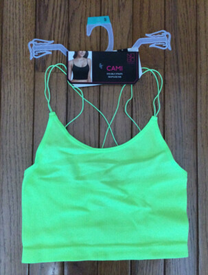 NO BOUNDARIES NOBO Neon Green Cami Top T-shirt Stretch Ribbed Double Strap Sz S