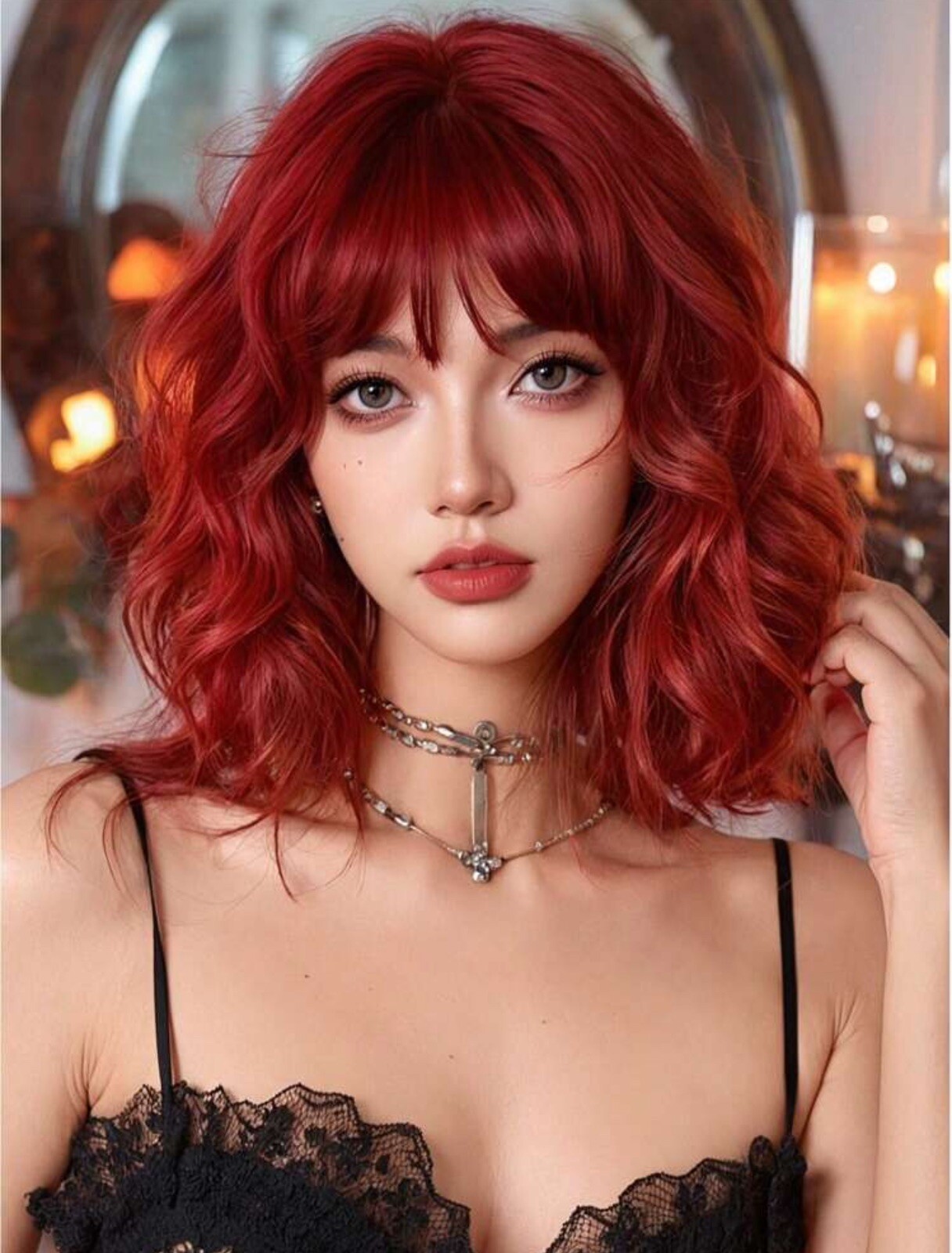 Perruque synthétique rouge foncé 35cm bouclée solution volume immédiat avec 4 bonnets