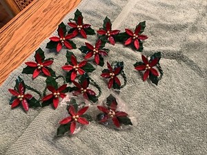 14 Poinsettia Napkin Rings Metal Art & Enamel Vintage - Two Stilled Wrapped, EUC