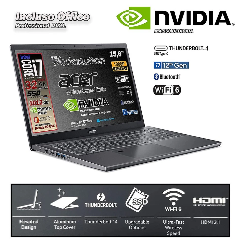 Notebook Acer Intel i7-1255U 10Core, RAM 32 GB, SSD 1012 GB, MX550 - Immagine 2 di 4