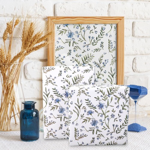 Floral Leaves Wrapping Paper - Mini Roll - 17 Inch x 32.8 Ft Blue Flower Gree... - Picture 5 of 7