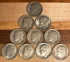 Lot of 10 - 1940's-1950's Roosevelt Silver Dimes.  Circulated- Diff. Dates/MM