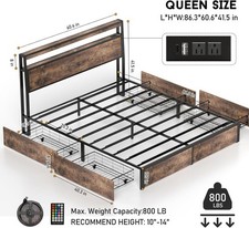 Queen Bed Frame with 4 Storage Drawers and Charging Station   LED Lights