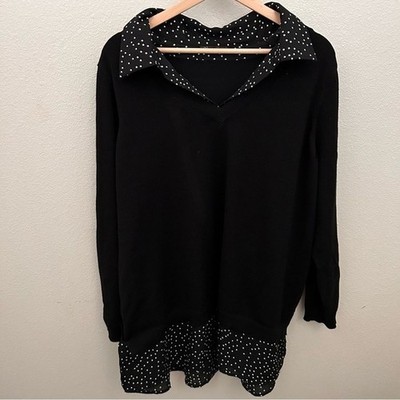 Adrianna Papell Layered Sweater Women 2X Black Polka Dot 2-in-1 V-Neck Top