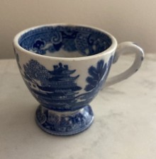 Antique Blue Transferware Miniature Demitasse Tea Cup Pedestal Foot Cracked