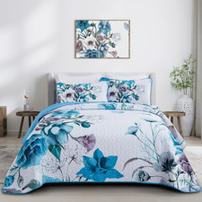Floral Quilt Set Queen 3 Pieces Boho Blue Floral Quilt Coverlet Set