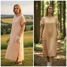 Christy Dawn Seaton Cream Linen Midi Dress Pocket Slit Sustainable Dress Small