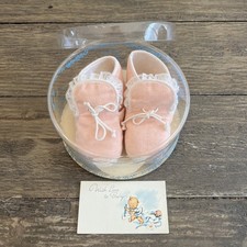 NIP NOS Vtg Glo-Knit Pink Lace Baby Infant Booties Shoes Soft Cotton w Card