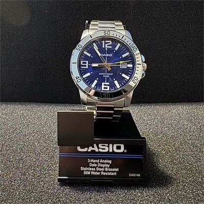 Casio Blue Dial Stainless Steel Quartz Wristwatch 50M Water Resistant with Box