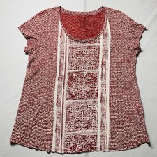 Lucky Brand Womens Red Scoop Neck Abstract Dotted Print Boho Tee Plus Size 1X