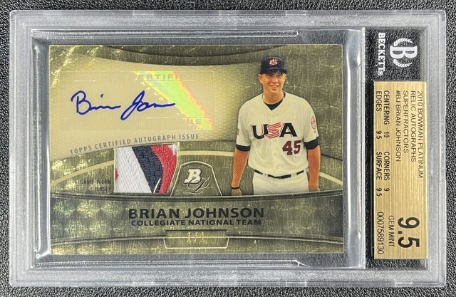 BRIAN JOHNSON BGS 9.5 2010 BOWMAN PLATINUM GAME-WORN PATCH AUTO SUPERFRACTOR 1/1