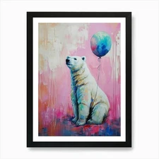 Cute Polar Bear 3 With Balloon Art  Framed Wall Art Poster Canvas Print Picture