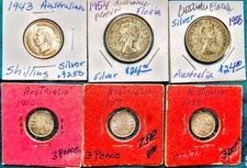 Lot of 6 Australia Silver 1943 Shilling, 1954 & 1956 Florin,1956 & 2  59 3 Pence