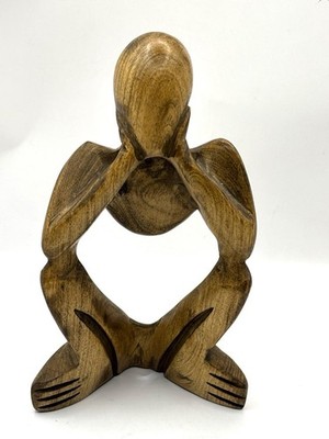 Wooden Abstract Sculpture Thinking Man Figurine Hand Carved Thinker Statue