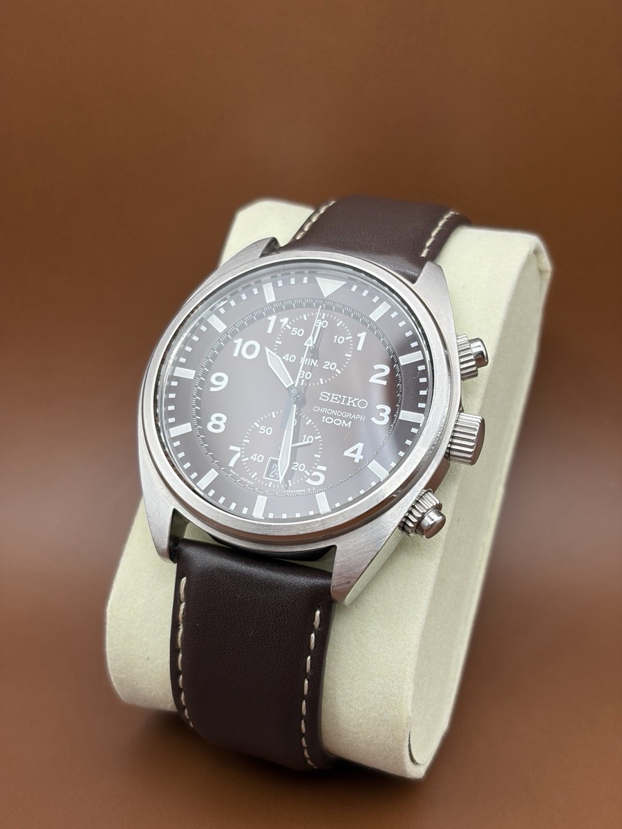 Seiko Chronograph Quartz Men's Watch Brown Dial 100m Date Leather