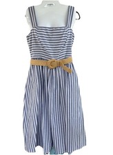 Eliza J Striped Belted Midi Summer Dress Blue & White Woven Belt Size 8 NWOT 